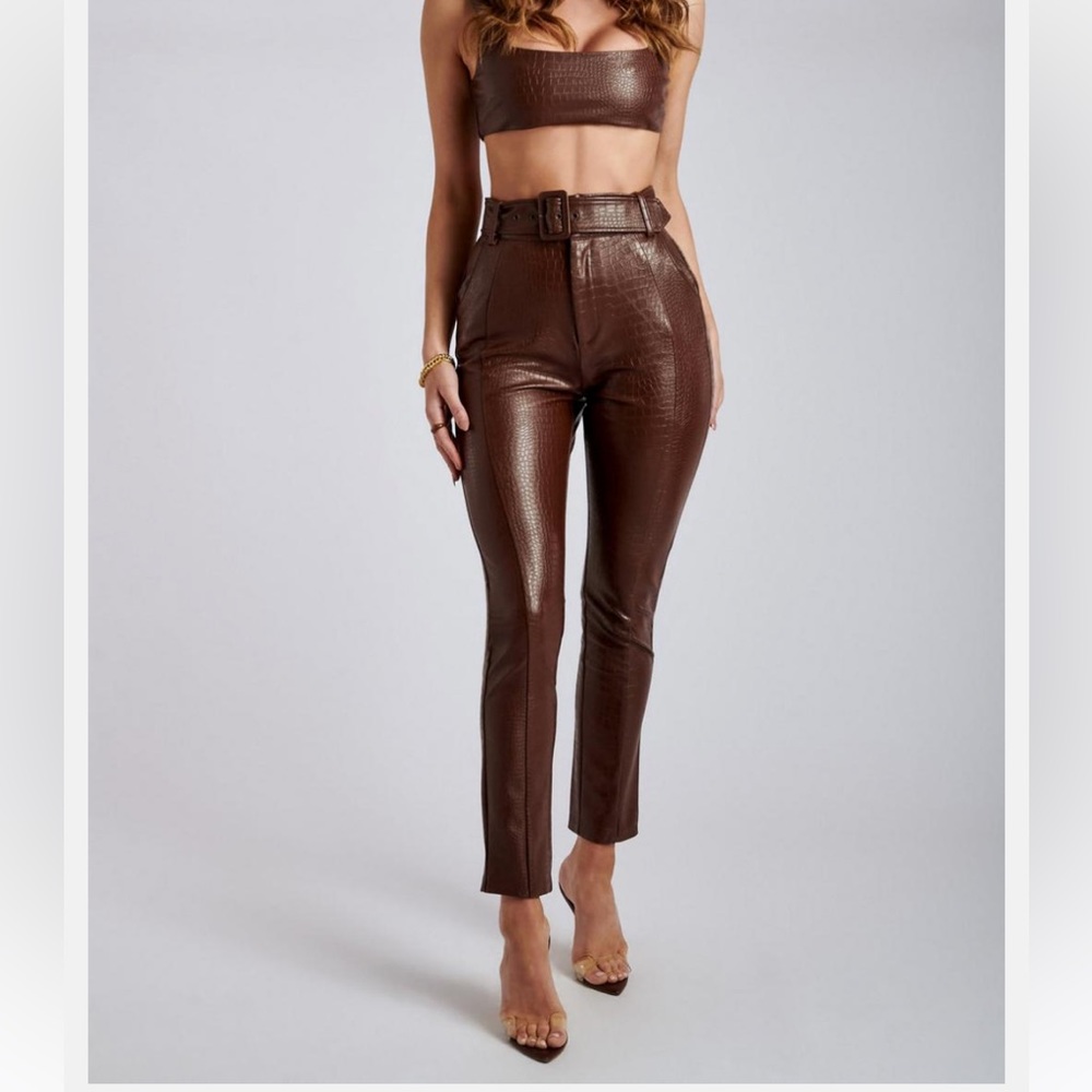 Meshki Pants | Womens Mehra  Croc Faux Leather Split Trousers